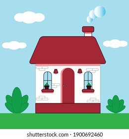 House cottage on a green lawn with bushes, outdoors during the day against the blue sky. Vector illustration in a flat style.