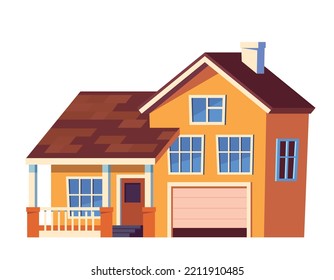 House or cottage. Sticker or icon of large two story building or property with garage. Urban architecture. Sale, rent or mortgage. Cartoon flat vector illustration isolated on white background