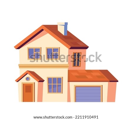 House or cottage. Sticker with large duplex apartment and garage for vehicle. Renting, buying real estate or mortgage. Website design. Cartoon flat vector illustration isolated on white background