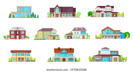 House cottages, bungalow and villa buildings icons set. Modern suburbia real estate, classic and contemporary architecture luxury mansions façade with flat and pitched roof, garage and porch vector