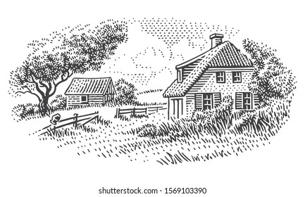 House in countryside engraving style illustration. Vintage style. Vector. Sky in separate layer. 