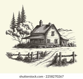 House in countryside with road engraving sketch style illustration. Vintage style. Vector style