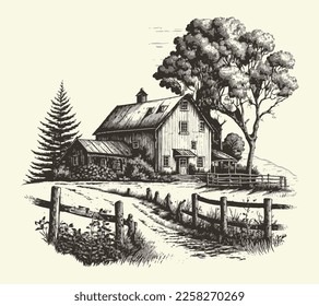 Casa en campo con un dibujo de estilo de dibujo grabado por carretera. Estilo vintage. Estilo de vector