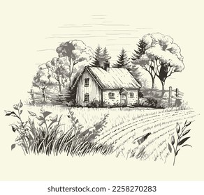 House in countryside with road engraving sketch style illustration. Vintage style. Vector style