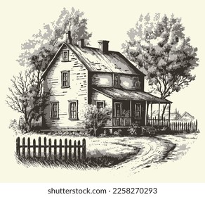 House in countryside with road engraving sketch style illustration. Vintage style. Vector style