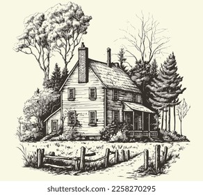 House in countryside with road engraving sketch style illustration. Vintage style. Vector style