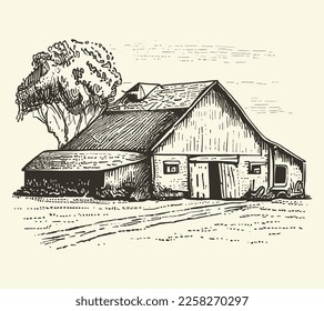 House in countryside with road engraving sketch style illustration. Vintage style. Vector style