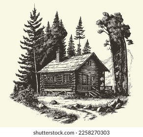 House in countryside with road engraving sketch style illustration. Vintage style. Vector style