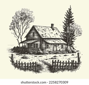 House in countryside with road engraving sketch style illustration. Vintage style. Vector style