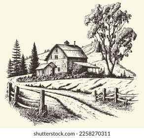 House in countryside with road engraving sketch style illustration. Vintage style. Vector style