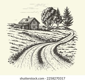 House in countryside with road engraving sketch style illustration. Vintage style. Vector style