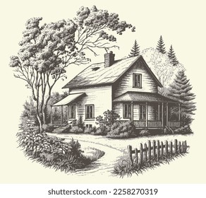 House in countryside with road engraving sketch style illustration. Vintage style. Vector style