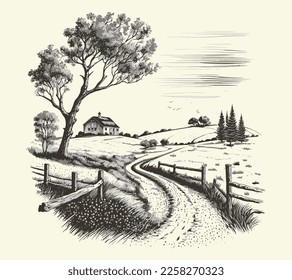 House in countryside with road engraving sketch style illustration. Vintage style. Vector style