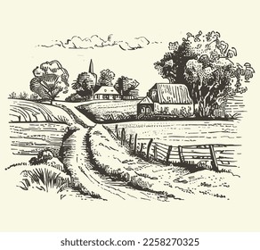 House in countryside with road engraving sketch style illustration. Vintage style. Vector style