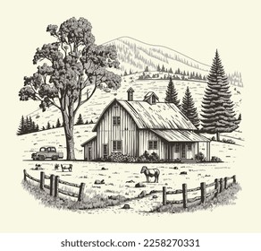 House in countryside with road engraving sketch style illustration. Vintage style. Vector style