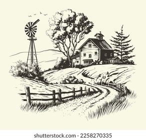 House in countryside with road engraving sketch style illustration. Vintage style. Vector style