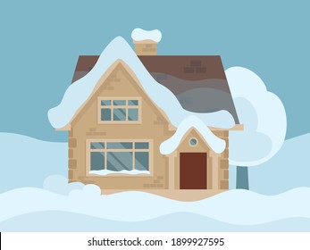 House Covered With Snow After A Snowfall In Winter. Vector Illustration, Flat Design, Cartoon Style.