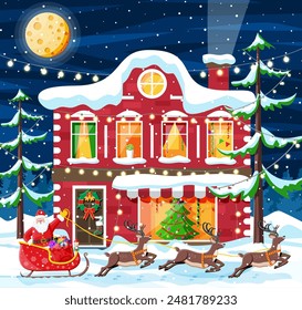 Casa cubierta de nieve. Edificio en Festiva Ornament. Navidades Paisaje, Árbol, Santa Sleigh Renos. Decoración del Año Nuevo. Feliz Navidad Festiva Celebración de Navidad. Ilustración vectorial