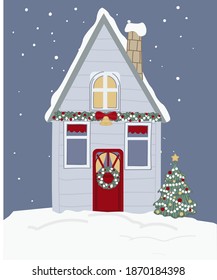 House covered with snow decorated with garlands and pine tree, wreath and celebration elements. Branches and bell with ribbon by doors. New year and xmas seasonal event in winter. Vector in flat style