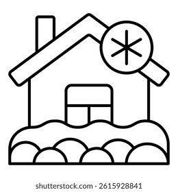 House covered with snow thin line icon, insurance event concept. Vector graphics. Frozen building and snowflake, cold temperature sign on white background, linear style for mobile or design