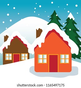house covered with snow in winter scenery view, vector illustration 