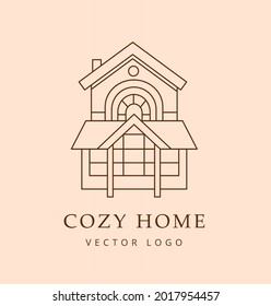 House. Cozy home emblem. Minimalistic outline simple vector logo for real estate, renovation, home repairs, construction company, home decor shop, interior design studio. Linear vector illustration.