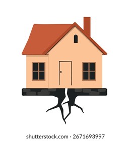 Una casa con una base agrietada, ilustración plana simple, diseño de dos colores de terracota apagada y gris oscuro, que simboliza la inseguridad, aislado sobre un fondo blanco sólido