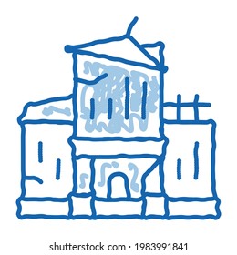 Hausabsturzskizze-Symbol, Vektorgrafik. Handgezeichnetes, blaues Schild zum Absturz eines Kunsthauses. einzelne Symbolillustration
