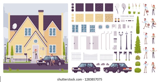 House creation kit with classic suburban architecture, happy home owners, full exterior set, different wall, roof material texture to build your own design. Cartoon flat style infographic illustration