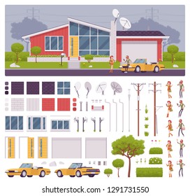 House creation set with modern glass suburban architecture, happy home owners, full exterior kit, different wall, roof material texture to build own design. Cartoon flat style infographic illustration