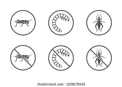 Iconos de insectos de criquet y gusanos de carne en casa