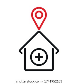 House with cross and gps mark line bicolor style icon design of Medical care and covid 19 virus theme Vector illustration