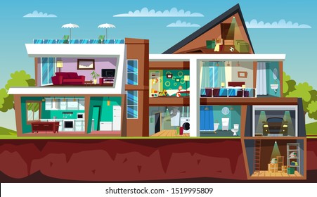 House cross section flat vector illustration. Fancy modern cottage cutaway with no people. Living room, kitchen and bedroom. Contemporary townhouse interior decor. Basement, garage and restroom