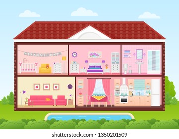 House cross section. Vector. Home inside with bedroom, living room, kitchen, dining, bathroom, nursery. Rooms interiors. Cartoon house in cut with roof, pool, tree. Cutaway illustration in flat design