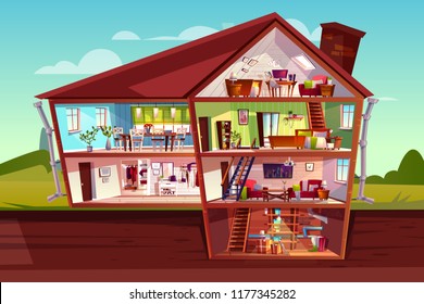 House cross section vector illustration of home interior and furniture. Cartoon private mansion floors plan of attic, living room or bedroom apartments with kitchen, corridor hall and cellar storey