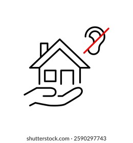 House, crossed ear in hand. Hearing-friendly, noise sensitive environments. Deaf and hearing impaired people friendly communities. Pixel perfect, editable stroke vector icon