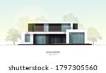 House in cross-section. Modern loft style house, villa, cottage, townhouse with shadows. Architectural visualization of a three storey cottage inside and outside. Realistic vector illustration.