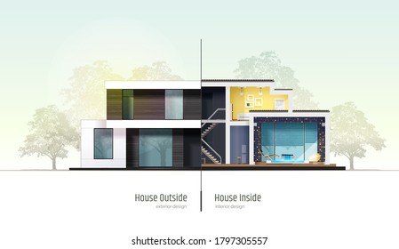 House in cross-section. Modern loft style house, villa, cottage, townhouse with shadows. Architectural visualization of a three storey cottage inside and outside. Realistic vector illustration.