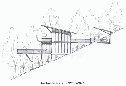 House in cross-section. Modern loft style house, villa, cottage, townhouse with shadows. Architectural visualization of a three storey cottage inside and outside. Realistic vector illustration.
