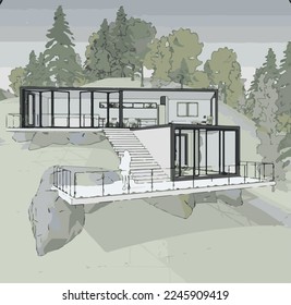 House in cross-section. Modern loft style house, villa, cottage, townhouse with shadows. Architectural visualization of a three storey cottage inside and outside. Realistic vector illustration.