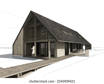 House in cross-section. Modern loft style house, villa, cottage, townhouse with shadows. Architectural visualization of a three storey cottage inside and outside. Realistic vector illustration.