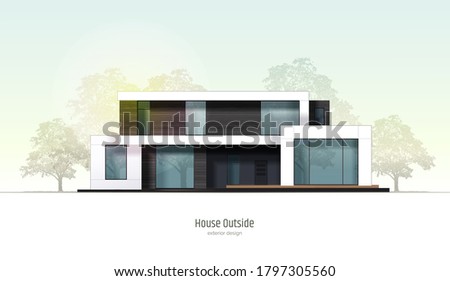 House in cross-section. Modern loft style house, villa, cottage, townhouse with shadows. Architectural visualization of a three storey cottage inside and outside. Realistic vector illustration.