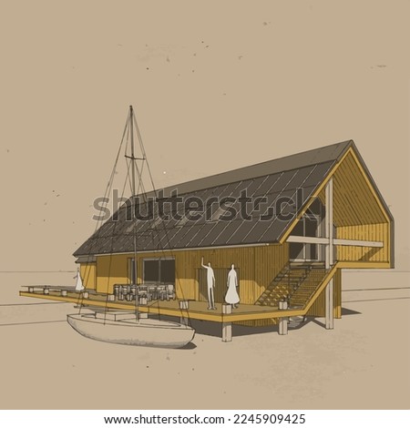 House in cross-section. Modern loft style house, villa, cottage, townhouse with shadows. Architectural visualization of a three storey cottage inside and outside. Realistic vector illustration.