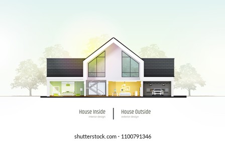 House in cross-section. Modern house, villa, cottage, townhouse with shadows. Architectural visualization of a three storey cottage. Realistic vector illustration.	
