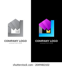 plantilla de logotipo de casa y corona con estilo 3d colorido