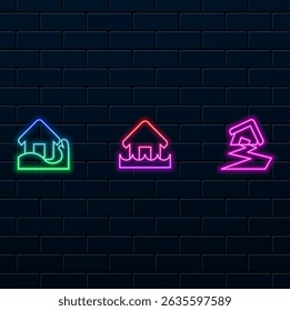 house crumbling, falling. icon house being flooded. house burning. neon style..eps
