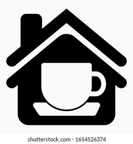 House and cup icon. Picture Coffee House. Tea House Icon. Rest zone. Illustration of a motel or hotel. Vector icon.
