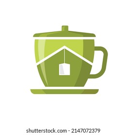 House in cup of tea. Flat style vector illustration