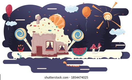 house cupcake baking with a slice of citrus on the roof, on the glazurevoy glade among trees and sweets, flat vector illustration for design design