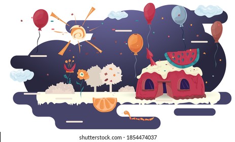 alacena de casa horneando con una tajada de sandía, sobre glazureva entre árboles y flores, ilustración vectorial plana para diseño